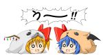  2girls :3 alternate_costume bat_wings blonde_hair blue_eyes bow chibi fang flandre_scarlet kokujuuji lying multiple_girls o_o on_stomach open_mouth red_bow remilia_scarlet short_hair simple_background touhou white_background wings 