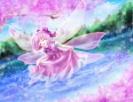  1girl alternate_color alternate_hair_color alternate_wings cherry_blossoms cirno closed_eyes dutch_angle flying hair_ribbon outdoors petals pink_hair ribbon short_hair skirt skirt_hold skirt_set solo stream touhou tree tsukiori_sasa wading wings 