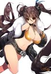  1girl belt black_legwear blush boots breasts brown_eyes brown_hair buckle chain cleavage collar feathers fur_trim hair_between_eyes jacket knee_boots korean large_breasts legs_folded long_hair miniskirt open_clothes open_jacket original scrunchie signature simple_background skirt sleeves_past_wrists smile solo sorolp twintails white_background 