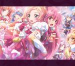  6+girls aino_megumi amanogawa_kirara blonde_hair blue_hair blush brown_hair crown cure_flora cure_fortune cure_honey cure_lovely cure_mermaid cure_princess cure_twinkle gloves go!_princess_precure green_eyes happinesscharge_precure! haruno_haruka highres hikawa_iona inoshishi_(ikatomo) kaidou_minami letterboxed long_hair looking_at_viewer magical_girl microphone multicolored_hair multiple_girls one_eye_closed oomori_yuuko open_mouth pink_hair ponytail precure purple_hair shirayuki_hime twintails two-tone_hair white_gloves 