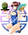  1girl airfly_(oranrei) bare_shoulders blue_dress blue_eyes braid breasts brown_hair bun_cover china_dress chinese_clothes cleavage cleavage_cutout dress fan flats folding_fan food food_art fruit large_breasts long_hair one_knee ponytail side_braid side_slit sleeveless sleeveless_dress solo tray twin_braids watermelon 