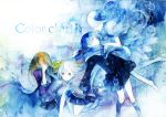 4girls abstract aji77 artbook black_hair blonde_hair blue bow closed_eyes cover cover_page covering_face dress hair_bow long_hair looking_at_another multiple_girls original pale_skin scarf school_uniform short_hair skirt traditional_media watercolor_(medium) white_hair 