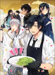  6+boys :t apron black_gloves black_hair black_necktie blue_eyes blue_hair brown_hair dark_skin double_v eating eyepatch feeding food food_in_mouth gloves hakama hood horikawa_kunihiro izumi-no-kami_kanesada japanese_clothes kikkoumon ko-man male_focus mikazuki_munechika multiple_boys necktie one_eye_closed ookurikara partly_fingerless_gloves plate pom_pom_(clothes) sayagata shokudaikiri_mitsutada shrimp shrimp_tempura sleeves_rolled_up tempura touken_ranbu tsurumaru_kuninaga v white_hair yellow_eyes 