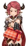  1girl :o animal_ears armor bangs blush boots breasts cape cleavage cow_ears cow_horns cowboy_shot earrings foreshortening gift gloves granblue_fantasy highres horns jewelry peli_can red_eyes redhead solo strum_(granblue_fantasy) swept_bangs thigh-highs thigh_boots valentine 