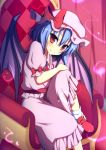  1girl ascot bat_wings blue_hair brooch chair dress fang hat hat_ribbon highres jewelry leg_up looking_at_viewer mizuki_(kogetsu-tei) mob_cap pink_dress puffy_short_sleeves puffy_sleeves red_eyes remilia_scarlet ribbon short_sleeves sitting smile solo touhou wings 