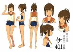  1girl akitetsu brown_eyes brown_hair character_name character_sheet hair_ornament i-401_(kantai_collection) kantai_collection long_hair ponytail school_uniform serafuku simple_background smile solo swimsuit swimsuit_under_clothes tan upper_body white_background 