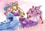  2girls blonde_hair blush bow breasts butterfly cherry_blossoms choker cleavage collarbone dress elbow_gloves gap gloves hand_in_hair hat hat_ribbon hitodama japanese_clothes kimono large_breasts long_hair long_sleeves looking_at_another mob_cap multiple_girls open_mouth parasol pink_hair purple_dress red_eyes ribbon ribbon-trimmed_collar ribbon_choker ribbon_trim saigyouji_yuyuko saigyouji_yuyuko_(living) short_sleeves smile tabard taut_clothes taut_dress touhou triangular_headpiece umbrella unya violet_eyes white_gloves wide_sleeves yakumo_yukari 