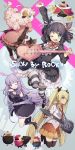  &gt;_&lt; 4boys 4girls :&lt; ;d animal_ears beret black_gloves black_legwear blonde_hair blue_eyes breasts camera cat_ears chuchu_(show_by_rock!!) cleavage crown cyan_(show_by_rock!!) dress drill_hair drumsticks electric_guitar facial_hair fangs glasses gloves guitar hair_ornament hair_ribbon hat highres instrument long_hair looking_at_viewer miniskirt moa_(show_by_rock!!) mohawk monocle multiple_boys multiple_girls mustache nail_polish one_eye_closed open_mouth pink_hair purple_hair purple_nails retoree ribbon robe show_by_rock!! skirt smile striped striped_legwear thigh-highs very_long_hair violet_eyes wonoco0916 yellow_eyes 