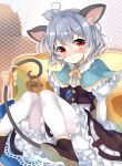  1girl animal_ears animal_on_head basket blush boots bow capelet cheese grey_hair highres jewelry long_sleeves looking_at_viewer mouse mouse_ears mouse_tail nazrin pantyhose paragasu_(parags112) pendant red_eyes ribbon short_hair sitting solo tail tail_bow tail_ribbon touhou white_legwear 