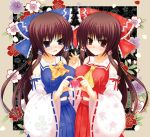  1girl alternate_color bare_shoulders blue_eyes blush brown_hair detached_sleeves dual_persona flower_(symbol) hair_tubes hakurei_reimu heart heart_hands heart_hands_duo kom_(1323736) long_hair navel open_mouth player_2 red_eyes symmetrical_pose touhou 