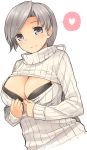  1girl aaru_(tenrake_chaya) bikini black_bikini blue_eyes blush breasts chitose_(kantai_collection) cleavage grey_hair hair_ribbon heart kantai_collection large_breasts looking_at_viewer open-chest_sweater ribbed_sweater ribbon shirt_pull simple_background smile solo spoken_heart sweater swimsuit swimsuit_under_clothes violet_eyes white_background 