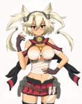  1girl between_breasts blonde_hair breasts budget_sarashi collarbone cowboy_shot fingerless_gloves glasses gloves hand_on_hip headgear highres kantai_collection large_breasts light_smile looking_at_viewer midriff miniskirt musashi_(kantai_collection) navel pleated_skirt red_eyes sarashi semi-rimless_glasses short_hair skirt solo takitsubo thigh-highs two_side_up under-rim_glasses white_background zettai_ryouiki 