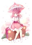  1girl artist_name cherry_blossom_cookie cherry_blossoms cookie_run flower hair_flower hair_ornament long_hair long_sleeves millgua parasol petals pink_eyes pink_hair pink_skirt puffy_sleeves sitting skirt smile solo twintails two_side_up umbrella 