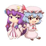  2girls blue_hair blue_ribbon bow brooch chibi crescent crescent_moon hair_ribbon hat hat_bow holding_hands jewelry long_hair moon multiple_girls open_mouth pajamas patchouli_knowledge pillow_hat purple_hair red_bow red_eyes red_ribbon remilia_scarlet ribbon short_hair simple_background touhou violet_eyes white_background wrist_cuffs 