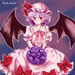  1girl absurdres bat_wings bouquet character_name fang fang_out flower gradient gradient_background hair_ribbon highres lavender_hair light_smile looking_at_viewer mob_cap puffy_short_sleeves puffy_sleeves purple_rose red_eyes remilia_scarlet ribbon rose short_hair short_sleeves skirt skirt_set solo tianye_taizi touhou wings 