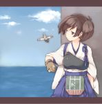  1girl airplane akagashi_hagane blue_sky brown_eyes brown_gloves brown_hair clouds gloves japanese_clothes kaga_(kantai_collection) kantai_collection muneate ocean short_hair side_ponytail sky solo water yugake 