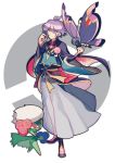  1boy beautifly blue_eyes flower hakama japanese_clothes kasen_kanesada poke_ball pokemon pokemon_(creature) ppo-p purple_hair roserade smile touken_ranbu 