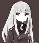  1girl brown_background frown grete_m_gollob long_hair military military_uniform ninomae01 sepia simple_background solo strike_witches twitter_username uniform upper_body 