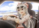  1girl :d barrier bird blue_sky car car_interior clouds collared_shirt driving fujiwara_no_mokou highres indo_(mdtanaka2007) long_hair motor_vehicle open_mouth red_eyes seagull seaside seatbelt shirt silver_hair sky smile solo sunglasses sunglasses_on_head suspenders touhou vehicle very_long_hair 