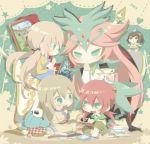  2boys 2girls :&lt; armor basket blonde_hair brown_eyes cake cameo candy cup doll dual_persona eating flag food frown gingham glasses green_eyes heart inazuma_eleven_(series) inazuma_eleven_go inazuma_eleven_go_chrono_stone jeanne_d&#039;arc_(inazuma_eleven) keshin_(inazuma_eleven) kirino_ranmaru kirino_ranmaru_(mixi_max_jeanne_d&#039;arc) light_brown_hair long_hair macaron multiple_boys multiple_girls no_pupils painting_(object) raimon raimon_soccer_uniform saucer senkishi_brunnhilde shindou_takuto slice_of_cake soccer_uniform sportswear star strawberry_shortcake stuffed_animal stuffed_toy teacup tears teddy_bear ticktack_chicken tiered_tray twintails unmoving_pattern very_long_hair wonderbat 