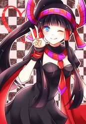  1girl ;) black_dress black_hair blue_eyes blush checkered checkered_background chisa dress egyptian hairband heart high_ponytail jewelry long_hair necklace nephthys_(p&amp;d) one_eye_closed outline ponytail puffy_short_sleeves puffy_sleeves puzzle_&amp;_dragons short_sleeves smile solo v 