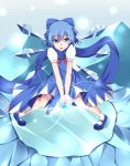  1girl ankle_socks blue_dress blue_eyes blue_hair cirno dress energy_ball hair_ribbon hands_together highres ice legs_apart light_particles light_trail looking_at_viewer mary_janes open_mouth ribbon scarf shoes short_hair short_sleeves solo syumya_(syakuku15mon) touhou wings 
