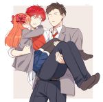  1girl 2boys apfl0515 artist_name black_legwear blush bow brown_hair carrying gekkan_shoujo_nozaki-kun hair_bow long_hair mikoshiba_mikoto multiple_boys no_shoes nozaki_umetarou open_mouth orange_hair polka_dot polka_dot_bow princess_carry red_bow red_eyes sakura_chiyo school_uniform short_hair sweatdrop thigh-highs zettai_ryouiki 