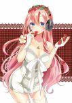  1girl blue_eyes breasts cleavage food food_as_clothes food_themed_clothes fruit headphones highres jewelry long_hair megurine_luka necklace pink_hair strawberry tagme temari_(deae) thigh-highs vocaloid white_legwear zettai_ryouiki 