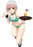  1girl airfly_(oranrei) bikini breasts cleavage detached_collar drink front-tie_bikini front-tie_top green_bikini maid_headdress navel orange_eyes original pink_hair shoes short_hair side-tie_bikini solo swimsuit thigh_gap tray wrist_cuffs 