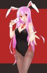  absurdres animal_ears breasts bunnysuit card cleavage detached_collar foreshortening highres leotard long_hair necktie outstretched_hand pantyhose playing_card purple_hair rabbit_ears red_eyes reisen_udongein_inaba smile thigh_gap touhou very_long_hair yukina_(masyumaro610) 