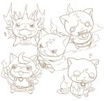  anger_vein armor bushinyan cape cat closed_eyes fangs fuyunyan helmet jibanyan monochrome multiple_tails no_humans notched_ear open_mouth rivets robonyan robot scar tail ticktack_chicken togenyan two_tails white_background youkai youkai_watch 