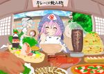  2girls ^_^ apron blue_sky blush chopsticks closed_eyes clouds coca-cola eating excel_(shena) fish food food_on_face fried_chicken hair_rings hamburger jacket kebab konpaku_youmu konpaku_youmu_(ghost) lobster meat multiple_girls open_clothes open_jacket pink_hair pizza puffy_short_sleeves puffy_sleeves rice_bowl running saigyouji_yuyuko short_sleeves silver_hair sky smile sweat touhou triangular_headpiece 