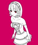  1girl aibi12634761 bare_shoulders cowboy_shot drill_hair gokukoku_no_brynhildr knife lineart maid_headdress monochrome red red_background red_eyes simple_background solo spot_color tachibana_kana twin_drills 