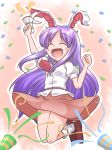  1girl animal_ears closed_eyes confetti gun hinate jumping legacy_of_lunatic_kingdom long_hair necktie open_mouth purple_hair rabbit_ears reisen_udongein_inaba skirt smile solo touhou weapon 