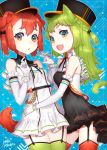  2girls :d animal_ears bow braid cat_ears cat_tail dog_ears dog_tail dress elbow_gloves garter_straps gloves green_eyes green_hair green_legwear hair_bow hat looking_at_viewer mika_pika_zo multiple_girls open_mouth original red_eyes red_legwear redhead sleeveless smile tail thigh-highs white_gloves 