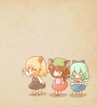 3girls animal_ears arinu barefoot black_dress blonde_hair blue_bow blue_dress blue_eyes blue_hair bow brown_eyes brown_hair cat_ears cat_tail chen cirno crossed_arms dress hair_bow long_sleeves multiple_girls multiple_tails nekomata red_dress red_eyes rumia short_hair tail touhou two_tails 