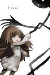  1girl arched_back brown_hair deemo deemo_(character) dress empresso_(mesopiyo0) girl_(deemo) holding_hands long_hair looking_up smile 