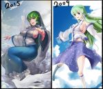  1girl armpits blue_skirt breasts comparison detached_sleeves frog_hair_ornament gohei green_eyes green_hair hair_ornament impossible_clothes kochiya_sanae large_breasts long_hair looking_at_viewer open_mouth sideboob skirt skirt_set sky_of_morika snake_hair_ornament solo touhou wide_sleeves 