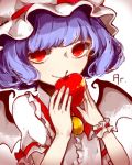  1girl apple argon_(caocaocaocaocao) artist_name bat_wings blouse blue_hair brooch faux_traditional_media food fruit hat hat_ribbon highres jewelry looking_at_viewer mob_cap red_eyes remilia_scarlet ribbon short_hair short_sleeves simple_background smile solo touhou upper_body white_background wings wrist_cuffs 