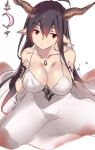  1girl antenna_hair black_gloves black_hair breasts cleavage danua dress fingerless_gloves gloves granblue_fantasy hair_between_eyes horn_ornament horns jewelry large_breasts long_hair looking_at_viewer makaiko necklace pointy_ears red_eyes simple_background sketch solo white_dress 
