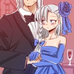  alcohol alternate_costume alternate_hairstyle amazon_(taitaitaira) blue_eyes breasts cleavage couple dress holding_hands izayoi_sakuya morichika_rinnosuke sweatdrop touhou tuxedo wine 