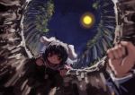  1girl :3 animal_ears bamboo bamboo_forest berabou black_hair carrot forest from_below full_moon hands inaba_tewi jewelry long_sleeves moon nature necklace out_of_frame rabbit_ears red_eyes reisen_udongein_inaba short_hair smile solo_focus touhou 