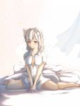  1girl animal_ears barefoot bed breasts cleavage collarbone highres inubashiri_momiji looking_at_viewer momijimomiji open_clothes open_shirt red_eyes shirt short_hair silver_hair sitting solo tail touhou wolf_ears wolf_tail 
