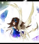  1girl blue_dress closed_eyes deemo dress girl_(deemo) lestored_cro outstretched_hand smile wings 