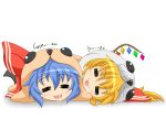  2girls :3 =_= alternate_costume bat_wings blonde_hair blue_hair bow chibi drooling flandre_scarlet kokujuuji multiple_girls open_mouth red_bow remilia_scarlet short_hair simple_background sleeping touhou white_background wings zzz 