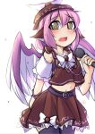  1girl animal_ears belt bird_wings blush bra brown_eyes d: detached_sleeves flying_sweatdrops fun_bo hat idol looking_at_viewer microphone midriff mystia_lorelei nervous open_mouth pink_hair shirt short_hair skirt sleeveless sleeveless_shirt solo sweat thigh-highs touhou underwear winged_hat wings zettai_ryouiki 