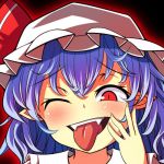  1girl blue_hair blush fangs glowing hand_on_own_face lowres mob_cap oimo_(imoyoukan) one_eye_closed pointy_ears red_eyes remilia_scarlet short_hair smile solo tongue tongue_out touhou 