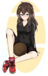  1girl absurdres ball basketball blue_eyes blush brown_hair dur@lumin highres long_hair original shoes shorts sitting small_breasts sneakers solo track_jacket 