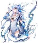  1girl blue_eyes blue_hair breasts broken character_request cleavage crossover cytus deemo lestored_cro long_hair mask solo song_name tattoo tears 