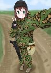  1girl absurdres ak-74 ak-74m ammunition_pouch assault_rifle beanie blush brown_hair camouflage commentary fingerless_gloves freckles gloves green_eyes gun hat highres long_hair looking_at_viewer magazine_(weapon) military military_uniform millimeter original rifle road russia self_shot sling smile soldier solo uniform v weapon 